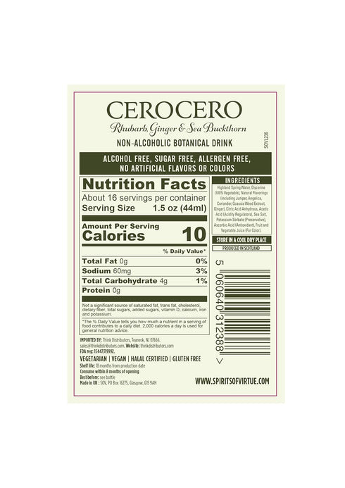 (700ml) CeroCero Rhubarb, Ginger & Sea Buckthorn Non Alcoholic Gin, Crisp and Refreshing Premium Non Alcoholic Spirits