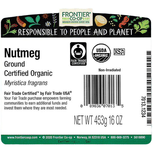 1lb 1 Frontier Co-op Nutmeg Ground, Certified Organic Nutmeg Powder - Fair Trade, Kosher | Pound Bulk Bag | Wholesale