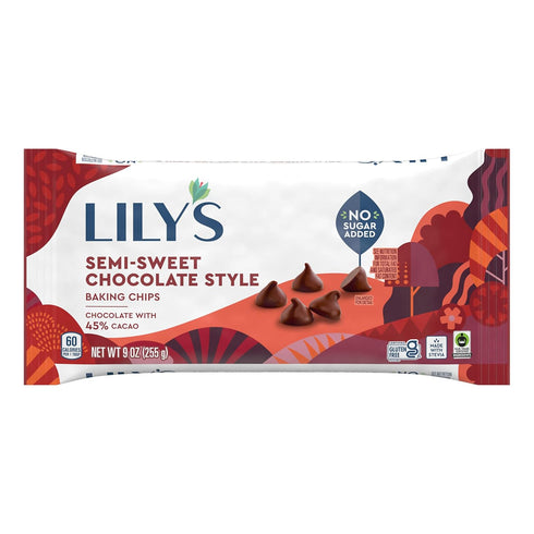 LILY'S Semi Sweet Chocolate Style No Sugar Added, Baking Chips Bags, 9