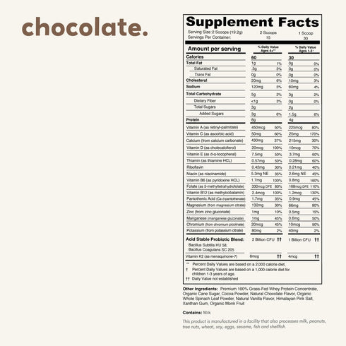 2 15-30 Mighty Chocolate Milk - Kids Daily Protein Powder Boosted with Billion Probiotics and Organic Spinach Leaves