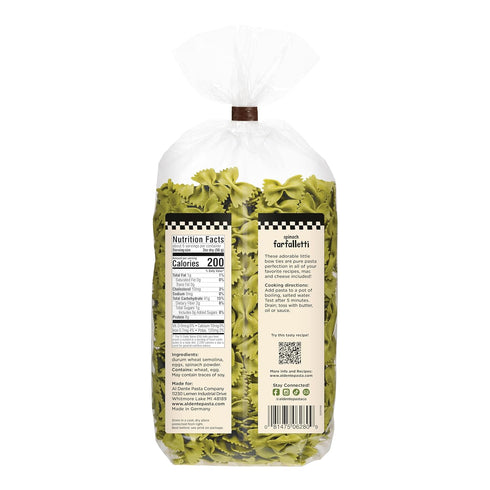 12oz (Pack 6) Al Dente Spinach Farfalletti All-Natural, Hand-Crafted Spinach Egg Pasta. Traditional Pasta Noodles Made
