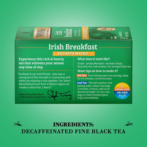 20 (Pack 2) Twinings Irish Breakfast Tea, Decaf Tea Bags, Strong and Distinctive Black Decaffeinated Tea, Individually