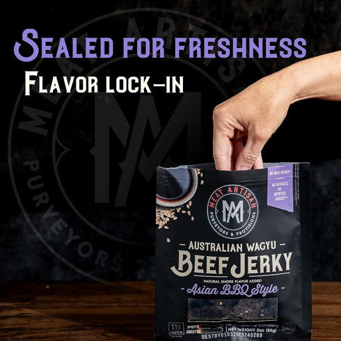 Pack 3oz (85g) Meat Artisan Beef Jerky - Australian Wagyu Steakhouse and Asian BBQ Style - High Protein Snack - Gluten