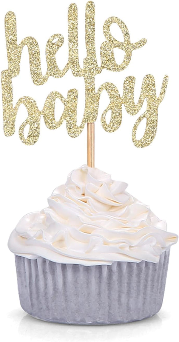24 CT Gold Glitter Hello Baby Cupcake Toppers for Baby Shower Party Decor