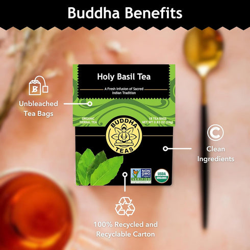 100% 18 (Pack 1) Buddha Teas - Holy Basil - Organic Herbal Tea - For Cognitive Balance & Overall Health - Ayurvedic