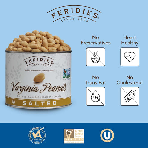 36 Oz FERIDIES Extra Large Gourmet Virginia Salted Peanuts, Cooked in Pure Peanut Oil, No Preservatives, Non-Gmo