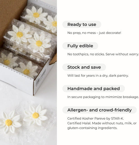 84 Count (1 Inch) Edible Daisy Cake Decorations, Small Edible Flowers, White & Yellow Sugar Flowers, Daisy Cupcake