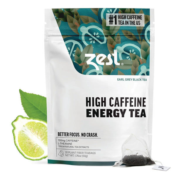 Zest 150mg High Caffeine Energy Leaf Blend - Earl Grey Black Tea, 20 Pack Bag, Hot or Iced