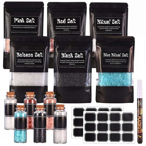 ElaraBerry 6 Pack Ritual Salt Starter Collection Pack with Dispensing Bottles Chalkboard Labels