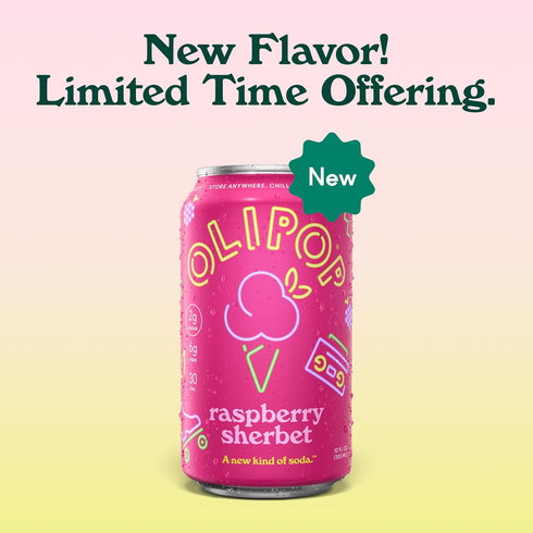 Pack Packed 12oz (12-Cans) OLIPOP Prebiotic Soda Pop, Raspberry Sherbet, Pantry with Prebiotics, Fiber, and Botanicals