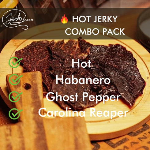 (4 2.5 oz. Jerky.com Hot Jerky Combo - Featuring Habanero, Classic Hot, Carolina Reaper, Ghost Pepper - Perfect
