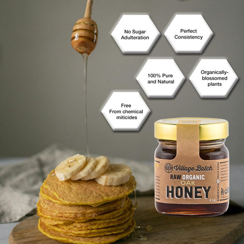8.5oz (Pack 1) Village Batch Raw Organic Oak Honey Jar of from Foloi Oak Forest, Dark Amber, Rich Caramel and Toffee