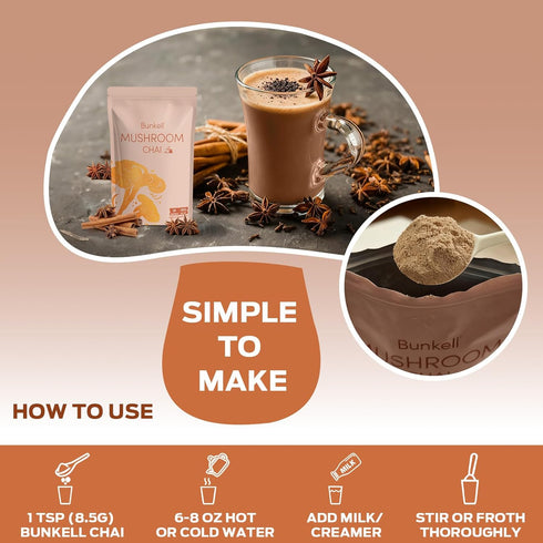 6 Immune 20 1 Pack Bunkell Mushroom Chai, Adaptogenic Mushrooms with Lion's Mane, Reishi, Cordyceps, Shiitake, King