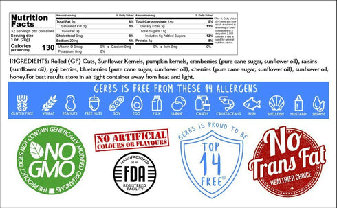 5 2 LBS 14 Gerbs Super Fruit Granola, - Top Food Allergy Free & Non GMO - Unsulfured & Keto Safe - Cranberry