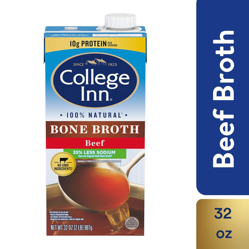 12 Pack, 32 oz COLLEGE INN Reduced Sodium Beef Bone Broth, Carton,Clear