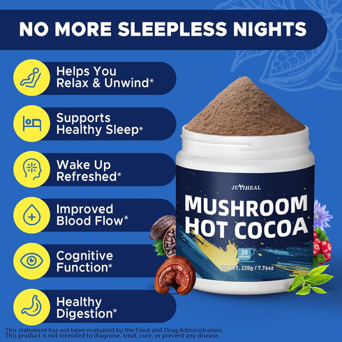(20 JUYIHEAL Mushroom Hot Cocoa Powder with Melatonin, Reishi, Glycine, Cacao, L-Theanine, Chicory for Calm and Relax