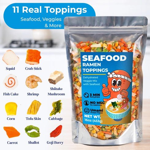 Nahasahr 16oz 11 Ramen Toppings Seafood & Veggie Mix - Ingredient Dried Vegetables & Seafood Ramen Topper, Easy Instant