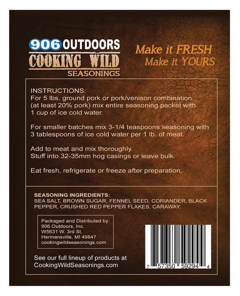 Cooking Wild Seasonings 5 2.5 Packet Sweet Italian Fresh Sausage Seasoning, Seasons up to pounds of Wild Game