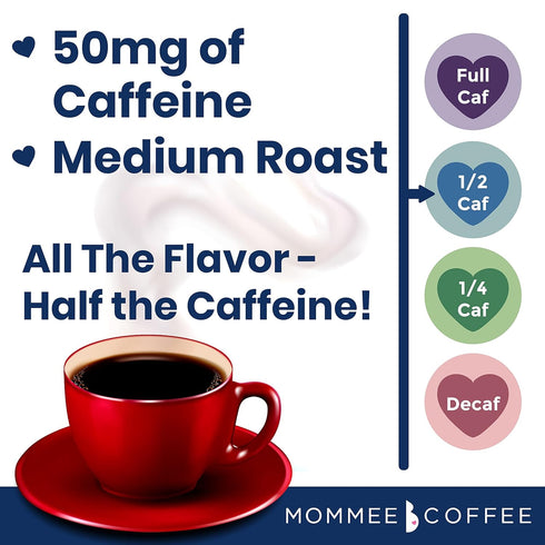 Mommee 100% 11 oz Coffee Half Caf Ground Low Acid Coffee - Arabica Organic Coffee Beans with Smooth Caramel Flavor