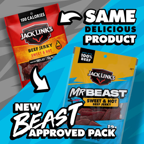(10 Pack) 1.25 oz 12g 100% Jack Link's x MrBeast Sweet & Hot Beef Jerky - Bag - Ready to Eat Protein Snacks - Protein