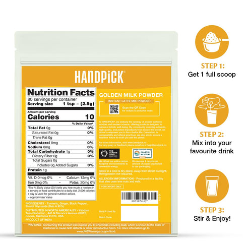 (7oz, 80 HANDPICK Golden Milk Powder with Turmeric - servings) Instant Latte Mix | Blend of Ginger, Black Pepper