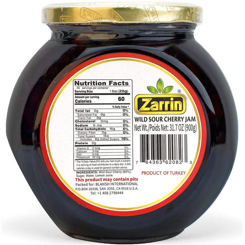 31.7 oz (900g), 65% Zarrin - Wild Sour Cherry Preserve, Contains of Pitted Cherries