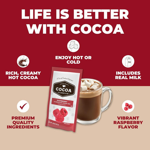 1.25oz Packets (Pack 36) Cocoa Classics Raspberry Cocoa Mix, Hot Chocolate, Made with Nonfat Milk, Just Add Hot Water