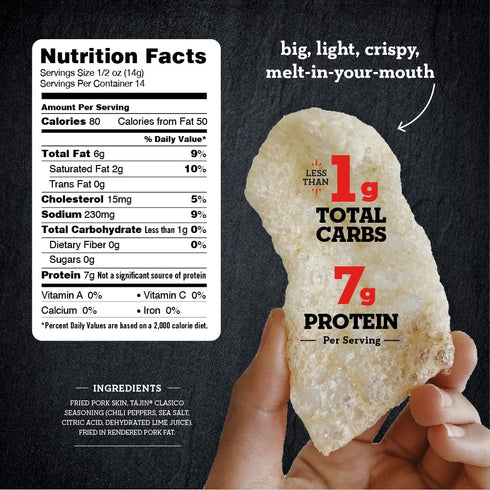 4505 14 7 Meats Tajin, Chicharrones, Fried Pork Rinds, Keto Certified, Family Size Bag, Servings, Ounce Bag