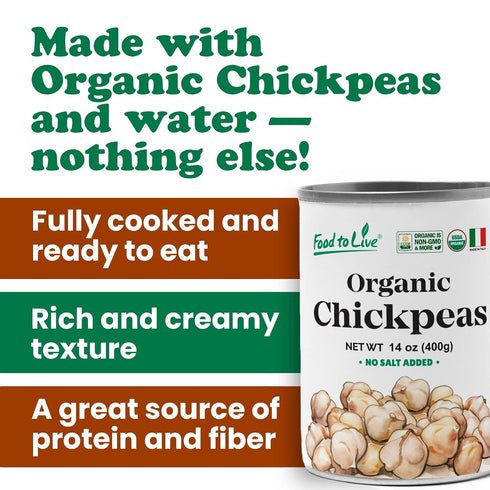 14 oz (Pack 4) Food to Live Organic Canned Chickpeas, of - Unsalted Non-GMO Garbanzo Beans. Vegan. USDA Certified