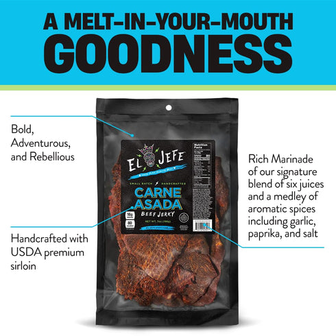 7oz El Jefe Carne Asada Beef Jerky - Authentic Mexican Style Slab Jerky Handcrafted in Small Batches for a Bold