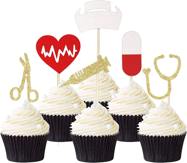 24pcs Nursing Cupcake Toppers, Glitter Medical RN Themed Cake Picks for Graduation Party Decorations