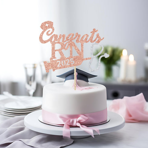 Rose Gold Glitter Congrats RN 2025 Cake Topper, 2025 Graduation Party Decoration