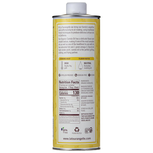 33.8 oz La Tourangelle, Organic Canola Oil, Expeller-Pressed Non-GMO Canola Seeds, Pesticide and Chemical Free, High