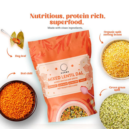 15g 8 oz, 4 Karma Mixed Lentil Dal - Organic Rice & Lentils Blend with Spices for Easy to Cook, Healthy Indian Comfort