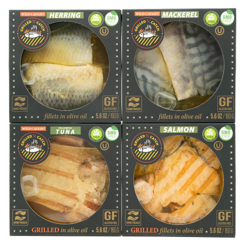 Grilled Catch Canned Fish Variety Pack Wild Caught Mackerel, Grilled Salmon, Yellowfin