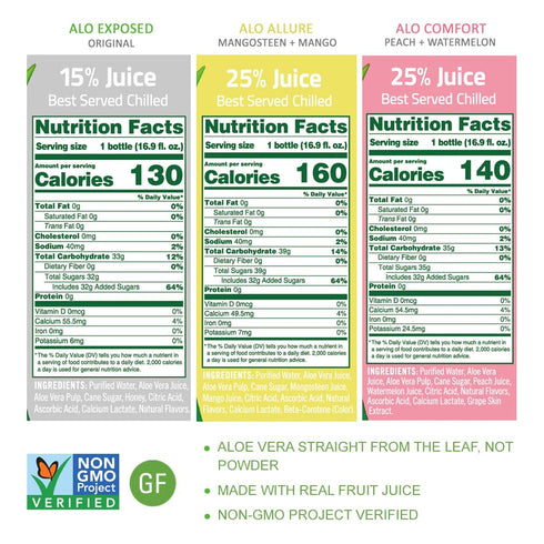 16.9 oz, Pack 12 3-Flavor Pack ALO Aloe Vera Juice | fl of | Variety | ALLURE, COMFORT, EXPOSED Plant-Based Drink