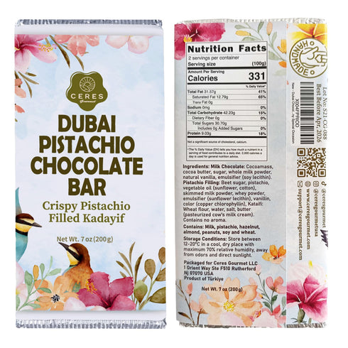 75% 7oz Pistachio Filled Dubai Chocolate Bar | Handmade Luxury Dessert with Crunchy Kataifi & Creamy Filling, Gift