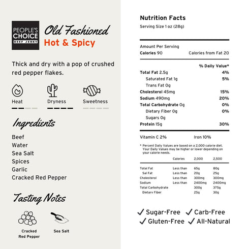 15g 1 (16 oz) Peoples Choice Beef Jerky Old Fashioned Hot & Spicy Sugar Free, Zero Carb, Protein, Keto Friendly Dry