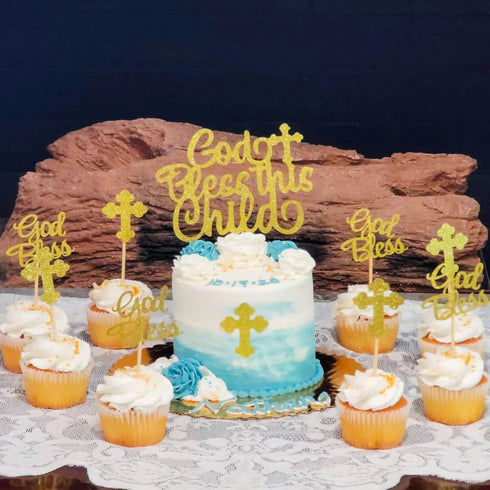 JeVenis 25 PCS Glittery Gold Bless this Child Cross & Cake Toppers for Baptism Decorations