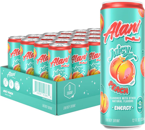 Alani Nu JUICY PEACH, Sugar Free, Low Calorie Energy Drinks, 200mg Caffeine,