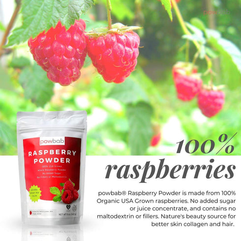 100% (5 oz) powbab Raspberry Powder from USA Grown Organic Raspberries. No Added Sugar, Not Freeze Dried, No Juice