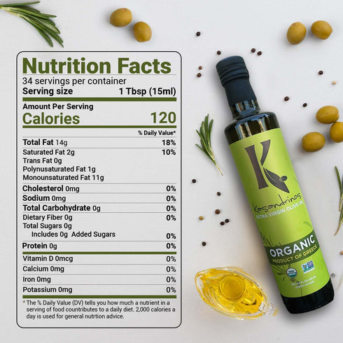 100% 500 ml 16.9 oz Kasandrinos Organic Olive Oil Extra Virgin, Polyphenol Rich Greek Olive Oil, Organic First Cold