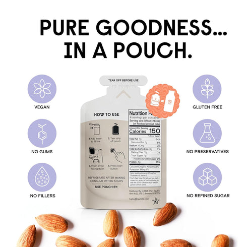 4-Pack 32oz Numilk Pouches - Unsweetened Almond - Creamy Plant-Based Milk in Seconds - Easy-to-Use with the Numilk Nut