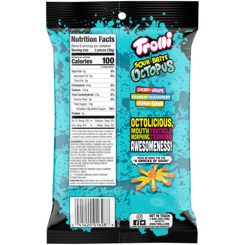 Gummy 6.3 (Pack 8) Trolli Sour Brite Octopus, Sour Candy, Ounce