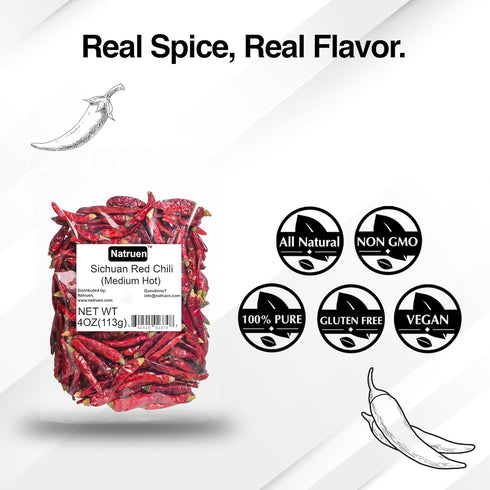 Natruen Whole Dry Szechuan Chinese Red Chili Pods 4 Oz (Medium Hot) for Chili Oil, Paste, Sauce, Spicy Sichuan Dried