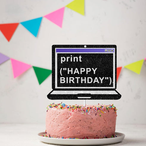 Black Glitter Print Computer Cake Topper, IT Theme Decor Supplies for Boys Girls Birthday Party