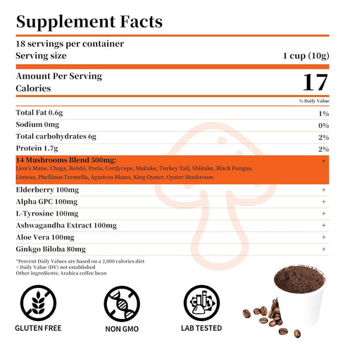 18 Count, 14 Immune Mushroom Coffee K Cup, Ground Arabica Coffee Powder, Mushrooms Supplement, Ashwagandha, Elderberry