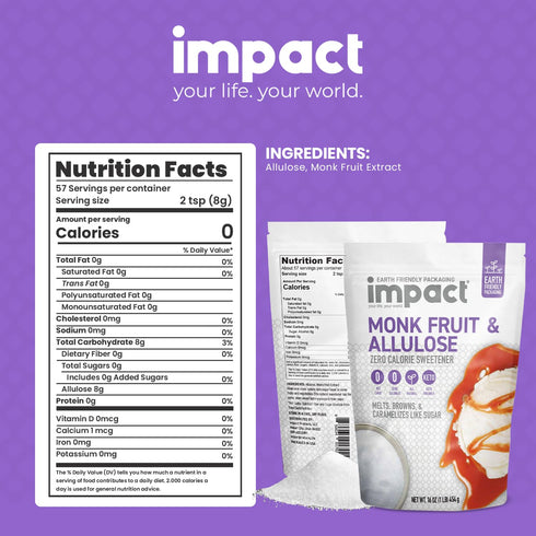 Impact - Monk Fruit Allulose Sweetener - Crystalized Blend - Zero Calorie, Keto Friendly Sugar Substitute - Baking Essential with Plastic-free Packaging - 1lb