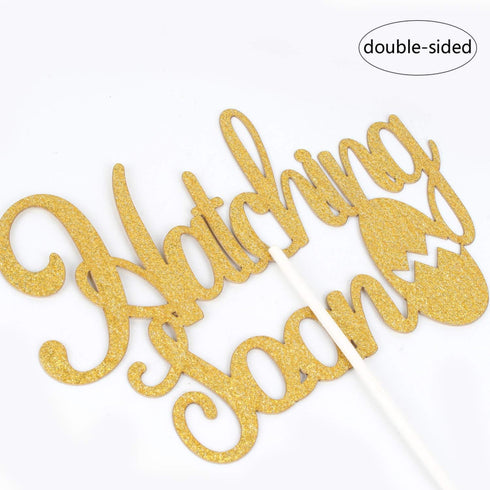 Hatching Soon Pregnancy Cake Topper, Double Sided Gold Glitter Farm Themed Dinosaur Baby Shower Decorations
