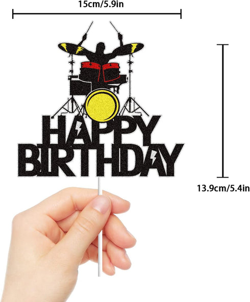 LINGBOOM Drummer Drum kit Happy Birthday Cake Topper Black Glitter Musical Music Notes Cake Decorations Music Player